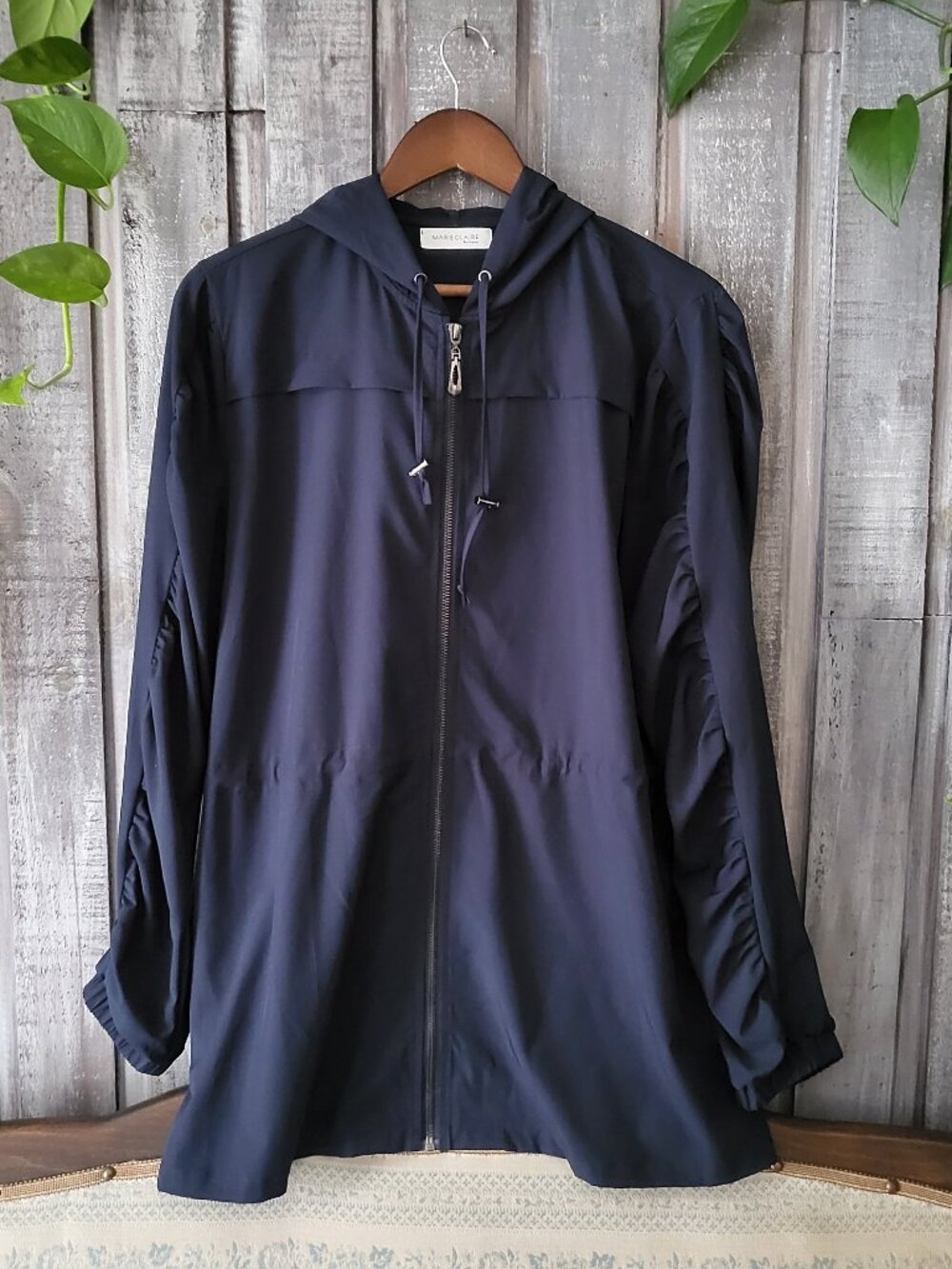 Navy Blue Ruched Sleeve Hooded Windbreaker Jacket - Size L